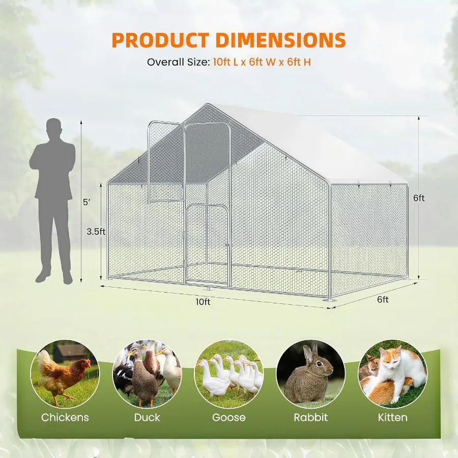 Large Metal Chicken Coop Walk in Heavy Duty Outdoor Poultry Run with Protective Cover for 25-35 Chickens, Ducks, or Rabbits Pre