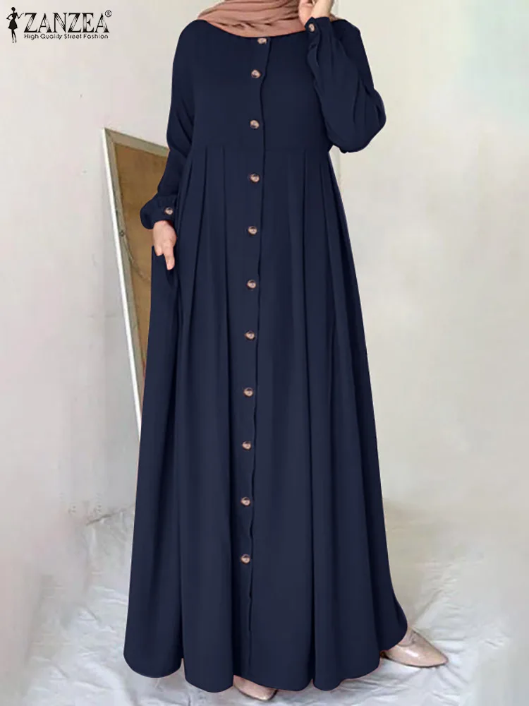 ZANZEA Women Spring Muslim Dress Abaya Kaftan O-Neck Full Sleeved Solid Tunic Robes Bohemian Casual Elegant Islamic Dresses