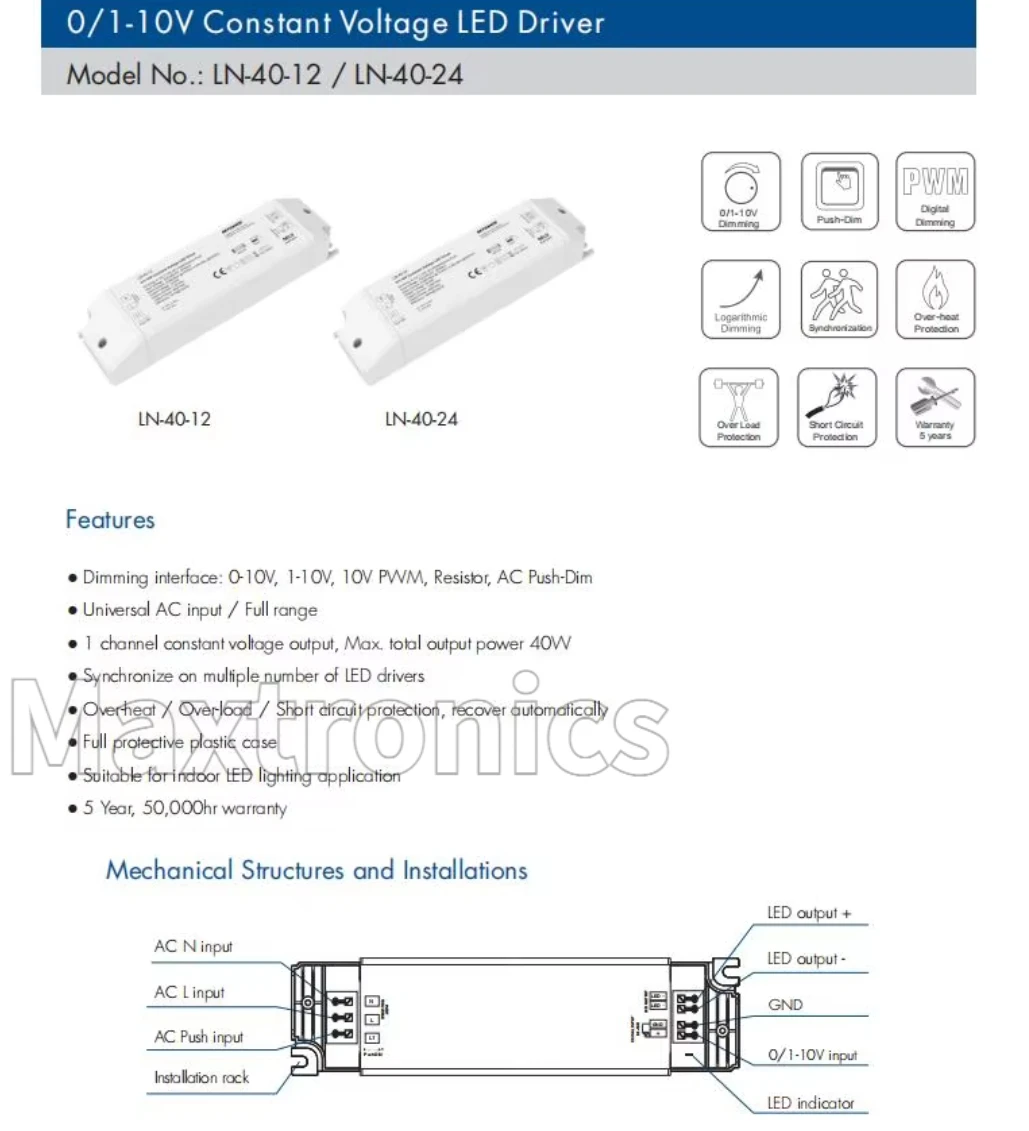 Skydance 40W/75W/150W 0/1-10V CV Dimmable LED Driver Series AC220V to DC12/24V PWM Dimming LED Light LN-40-24 Transformer Power