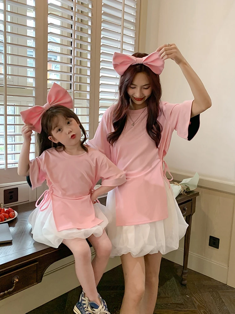 

High-end Parent-child Summer New All-match Embroidered Short-sleeved T-shirt Suit Mother and Daughter Send Hairband 4-6y