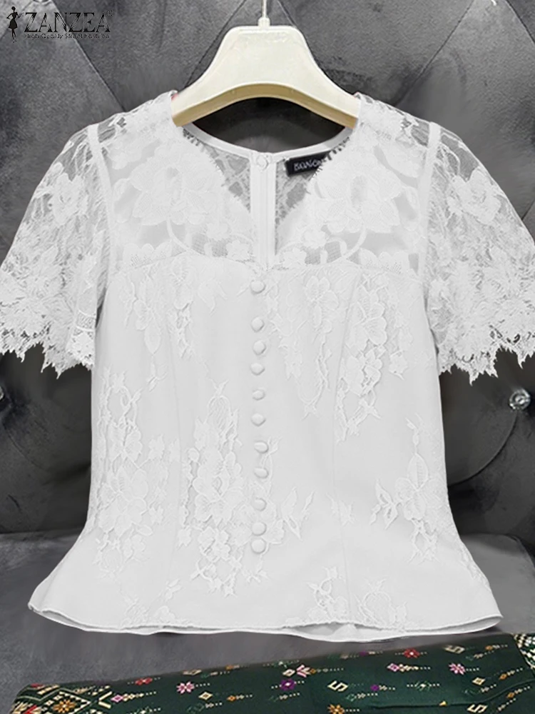 

ZANZEA Hollow Out Tops Women Casual Lace Blouses Fashion Short Sleeve V Neck Blusas 2025 Elegant OL Work Tunic Pullover