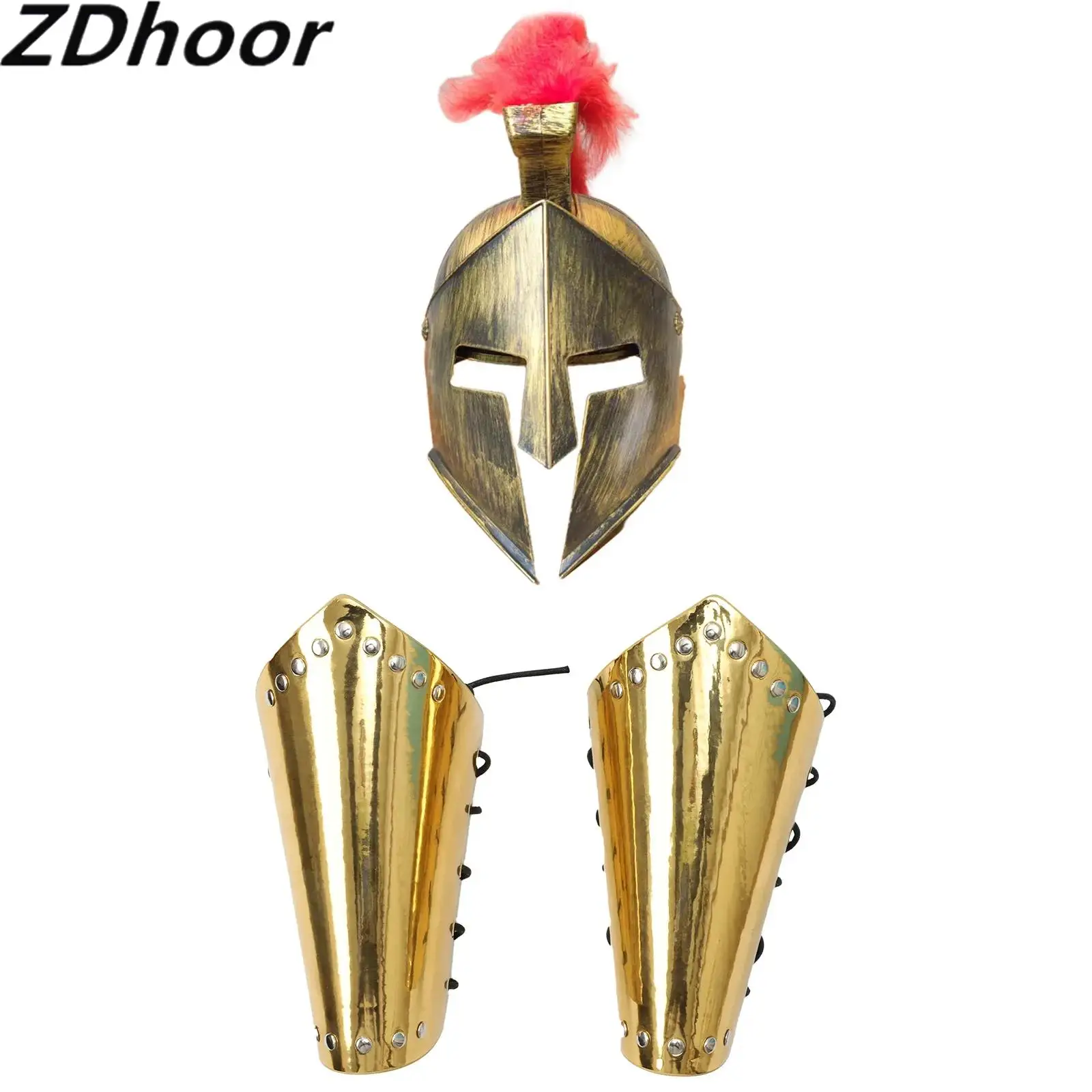 Men Medieval Armour Spartan Warrior Headwear Helmet And 2pcs Faux Leather Hand Wrist Guard for Knight Cosplay