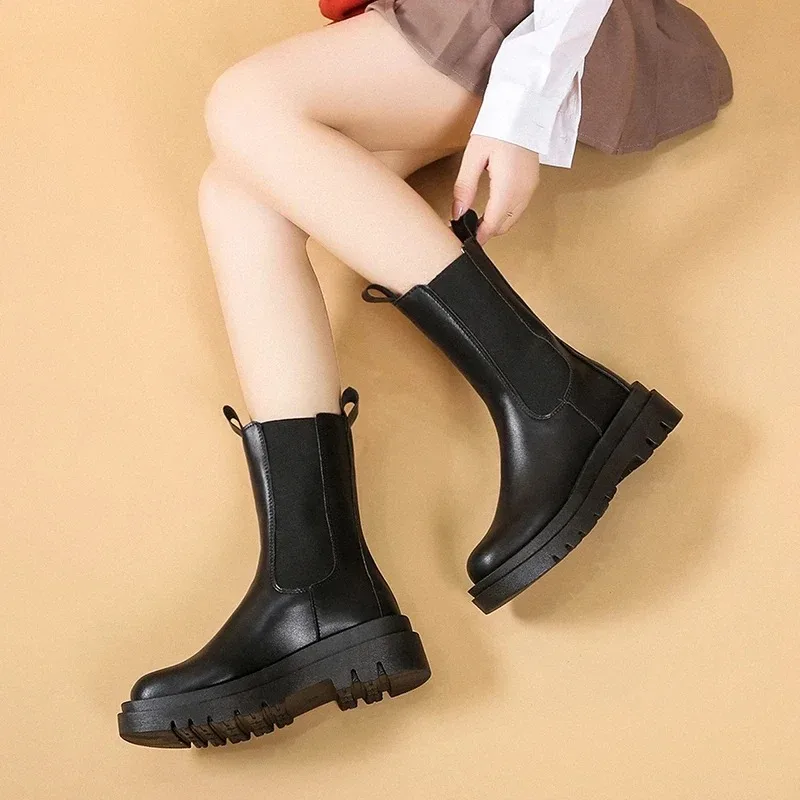 Women Chelsea Boots Spring New Black Mid Ankle Flat Platform Lady Shoes Female All Match Classic Concise Fashion Round Toe Shoes