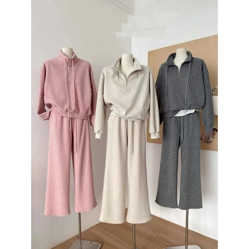 

Casual Fleece Sweatshirt Suit for Women Winter Half Zipper Stand Collar Thickened Top Wide Leg Pants Two Piece Set