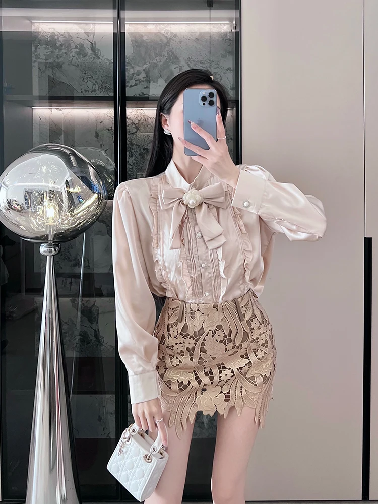 

Ele Silk Satin Long Sve irt And Skirt Set for Women Knot High-End Feel Faionable Spring Collection