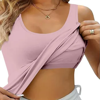 4640-dfb7a4.jpg Womens Tank Tops With Built In Bras 2024 Summer Casual Crew Neck Sleeveless Camisole Plus Size Solid Color Tops For Women