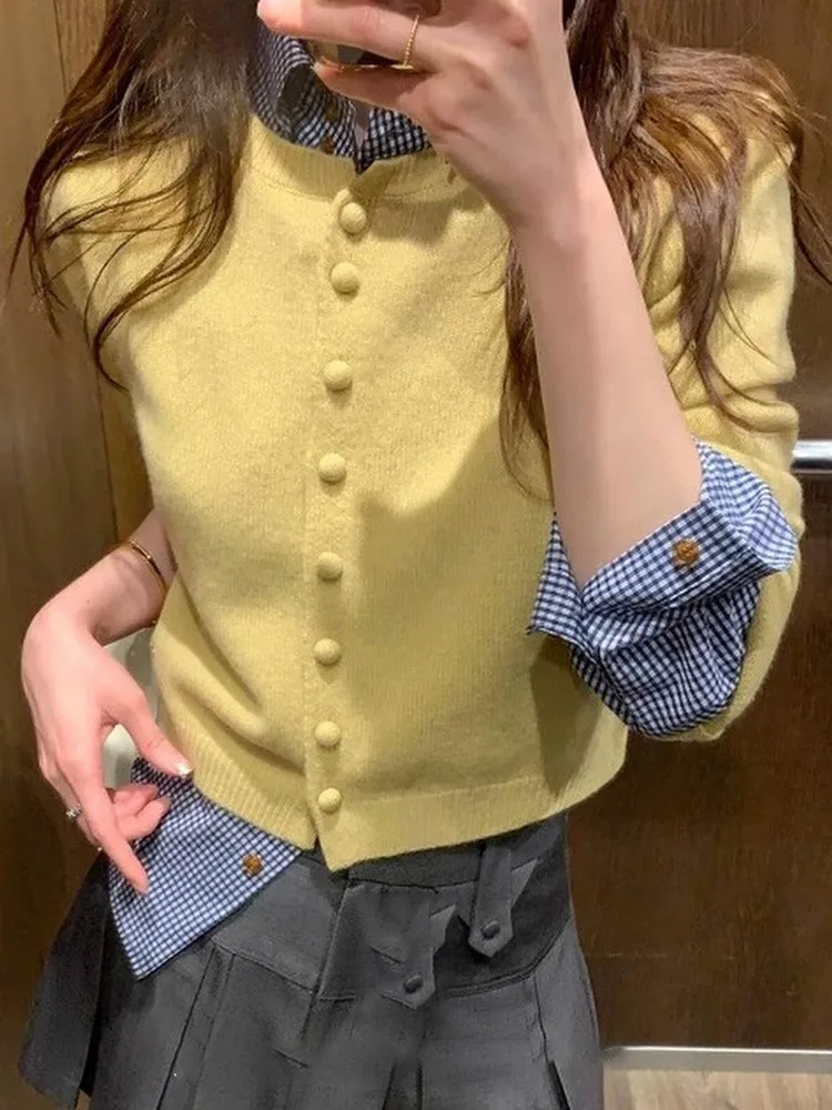 

Gentle Sle ort Knitted Open Cardigan Women's round Ne Single Button Yellowi White Woolen Spring Faion Innerwear