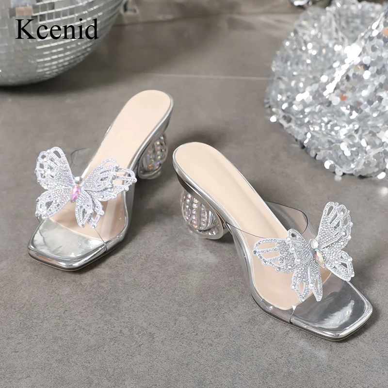 

Kcenid Summer PVC Transparent Sandals Fashion Rhinestone Crystal Butterfly-knot Square Toe Slippers Women High Heel Modern Mules