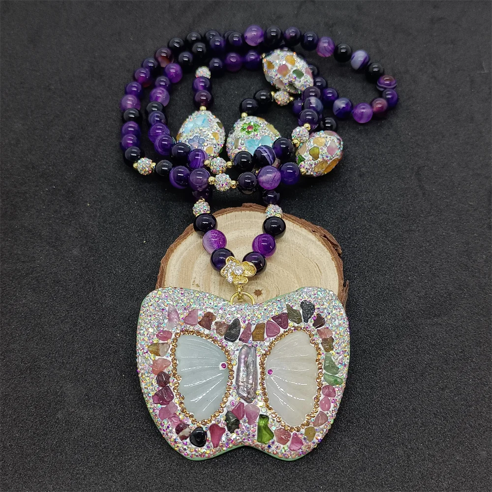 New Jade Butterfly Pendant Purple Agate Necklace Women's Fashion Personality Luxury Ladies Sweater Chain Exquisite Jewelry