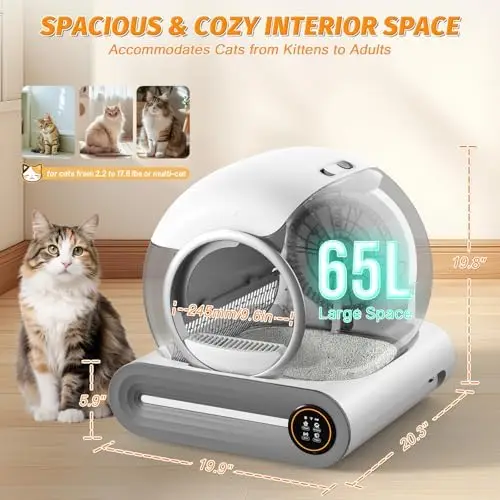 Self Cleaning Cat Litter Box, 65L+ 9 L Extra Large Robot Automatic Litter Box for Multiple Cats, APP Control