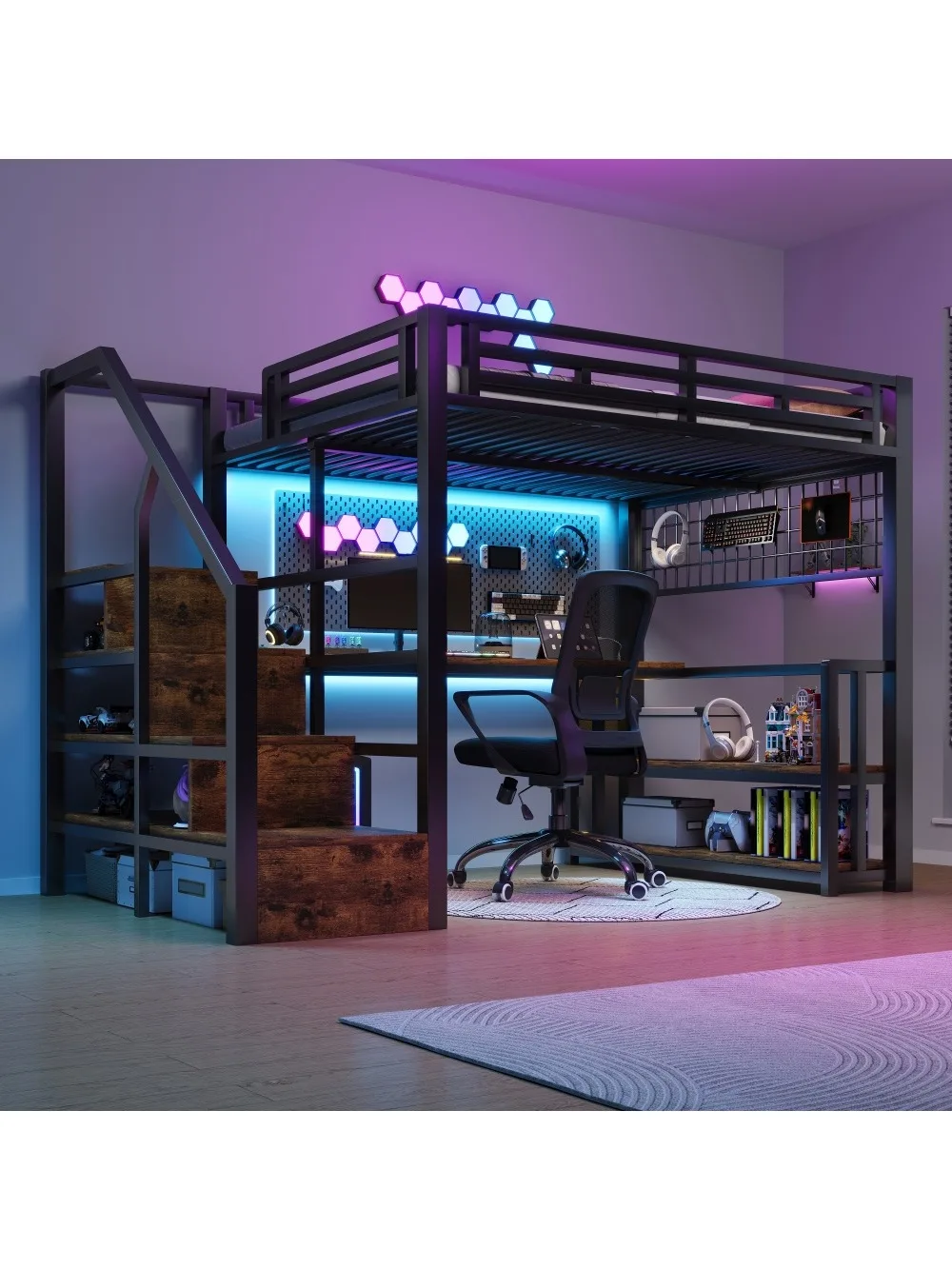 Multifunctioneel hoogbed met ijzeren frame, 140×200cm, ruimtebesparend bed met bureau, opbergruimte, trap, LED & 2 USB+1 Type-C - afbeelding 2