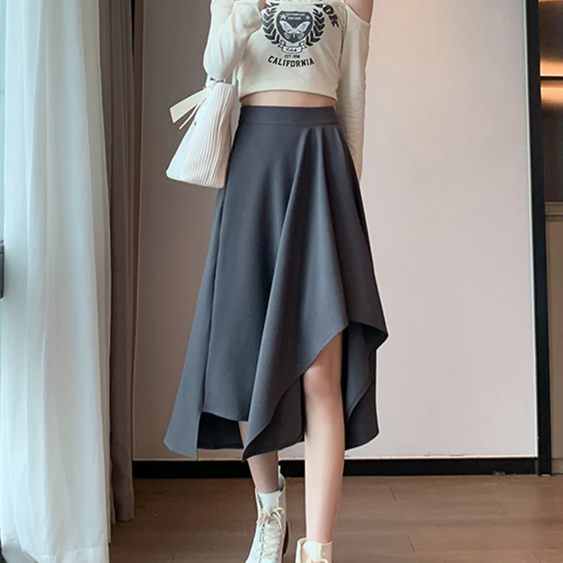 

2025 Korean Irregular Midi Skirt Women Chic Design Asymmetrical A-Line Skirts Autumn Winter New Y2K Loose Drape Pleated Skirt