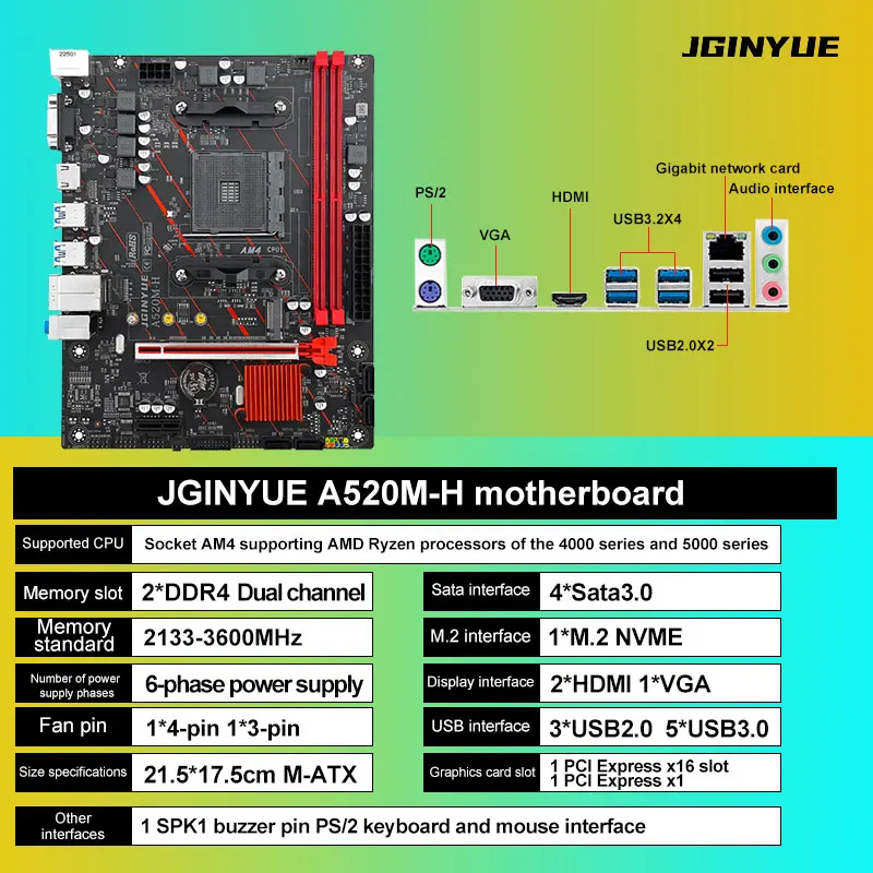 JGINYUE A520M-H Computer AM4 Micro ATX AMD Motherboard Supports AMD Ryzen 4000 5000 Series AM4 Processors M.2 NVME