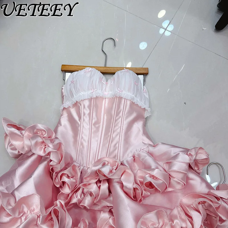 Europeu e americano design francês bowknot ruched retalhos espinha de peixe sem alças mini vestido babados bainha vestidos curtos e shorts