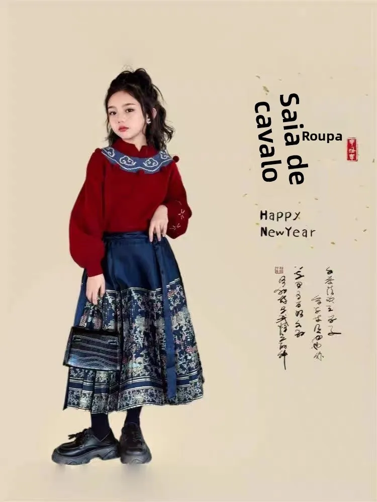 Conjunto de Vestido Longo com Manga Longa para Meninas, Estilo Étnico de Outono e Inverno, Conjunto de Duas Peças, Ajuste Sol...