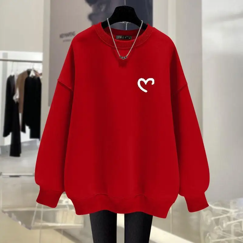 Sudadera con capucha de manga larga para mujer, jersey de Color liso con cuello redondo y estampado de amor, Tops informales holgados a la moda,