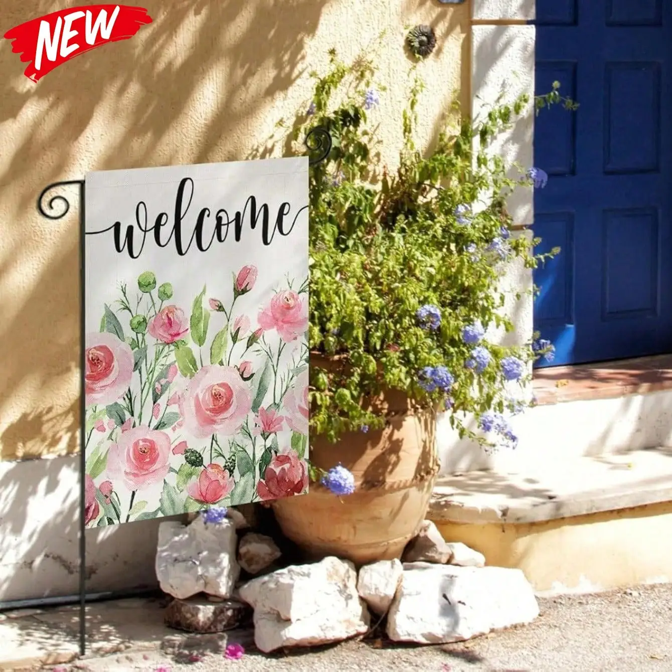 

All Weather Windproof , Vibrant Watercolor Roses Floral Vertical Yard Banner, Fade Resistant Polyester For Spring Summer