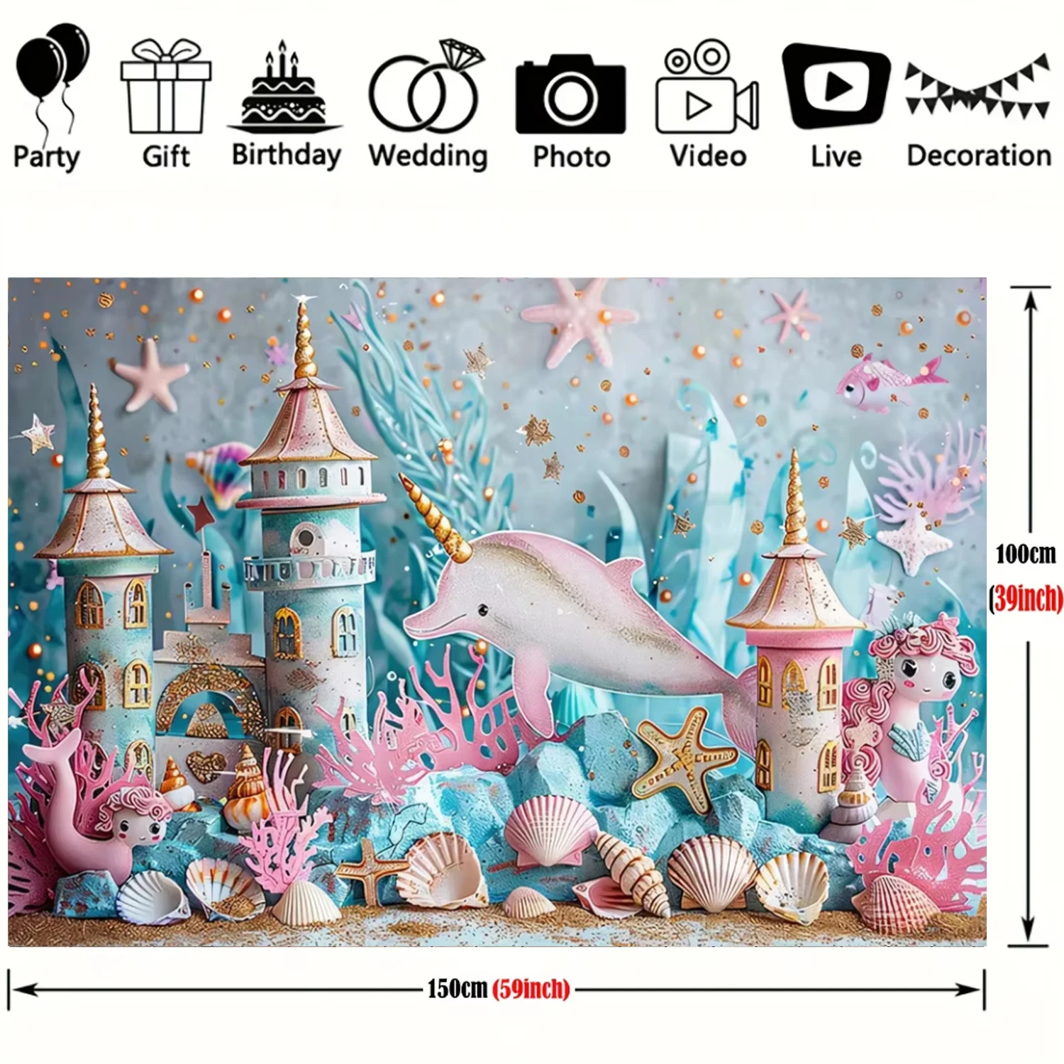 Unicorn Castle Theme Photography Background Dearmy Princess Girl Mermaid Shell Photo Event Decors Child Birthday Cake Props Gift