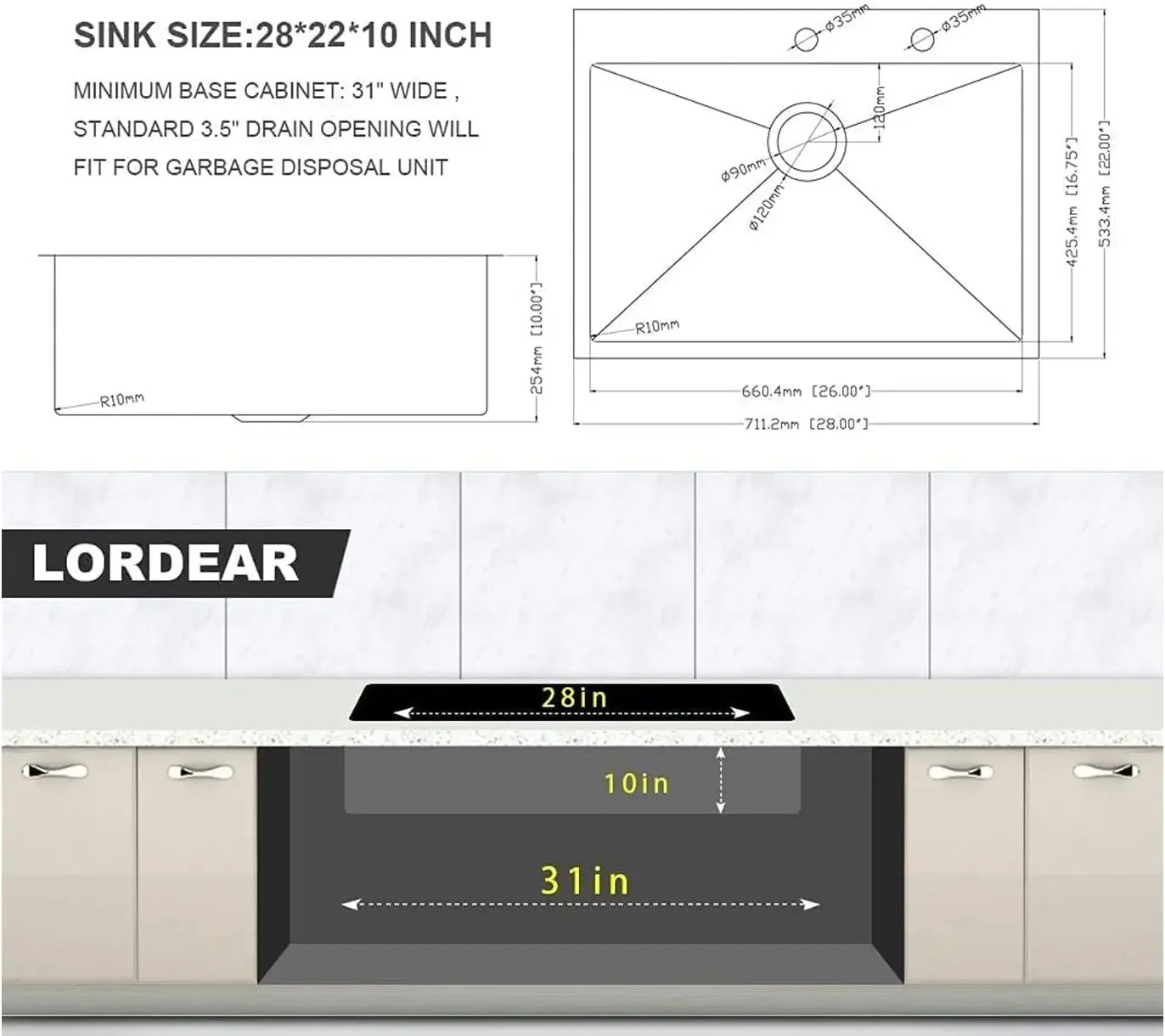 28 Gootsteen Drop-In-Lordear X 22 Enkele Kom Roestvrijstalen 16-Gauge Strakke Straal