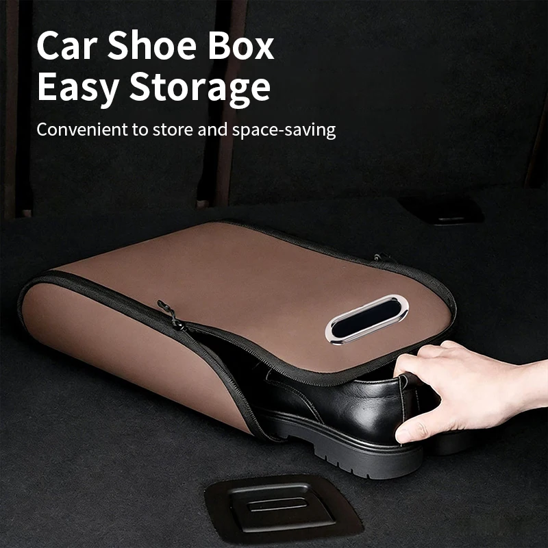Universal Car Trunk Shoe Organizer,PVC Leather Storage Box,Velcro Back Mount,Silent Zipper,Compact & Portable,Easy to Install