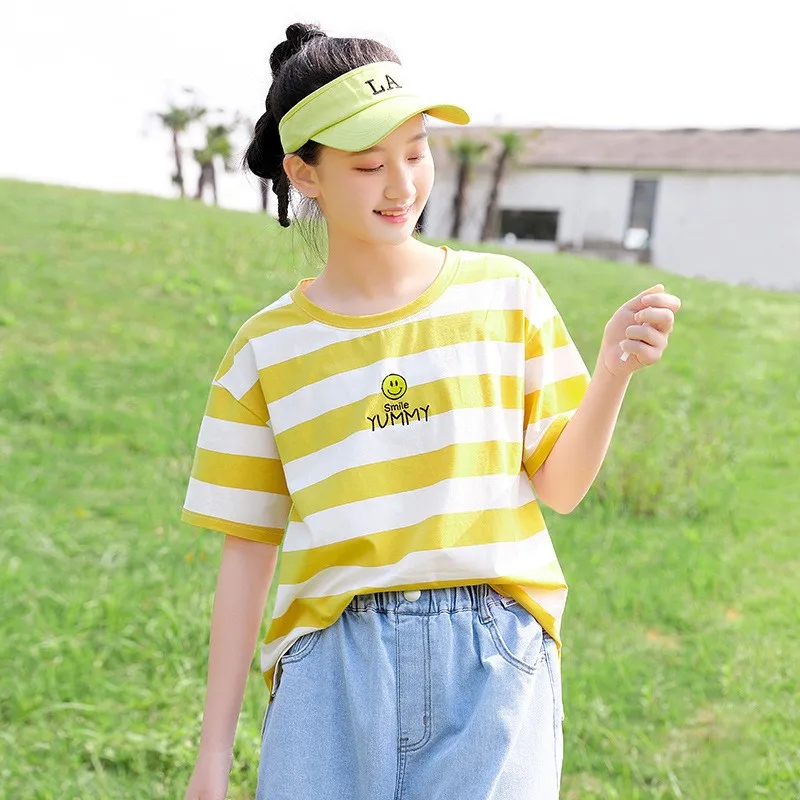 

Fre Stripe ort Sve T-irt Spor Loose Fit High School Student Summer Wear Cotton Casual Commute Sle Faionable