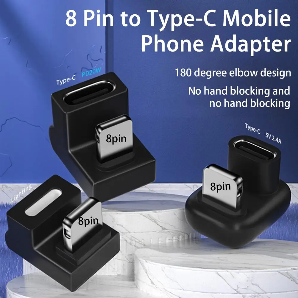 Adaptador de celular de alta velocidade, Adaptador de dados do projeto do cotovelo de 180 graus, PD 20W 8 pinos em forma de U para adaptador sem fio tipo C