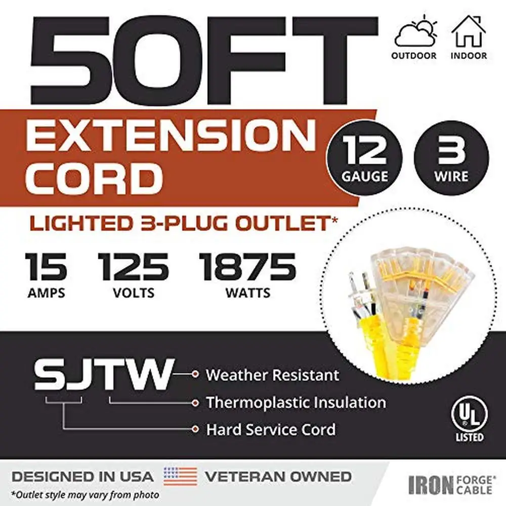 50ft Lighted Outdoor Extension Cord 3 Power Outlets Heavy Duty Yellow 12/3 SJTW Weatherproof Flexible Iron Forge Cable Outdoor