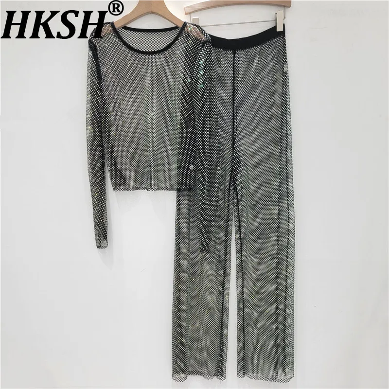 

HKSH осенние новые женские модные сексуальные открытые шипы с разноцветными бриллиантами, сетчатые топы с длинными рукавами, модные брюки с эластичной резинкой на талии HK8457