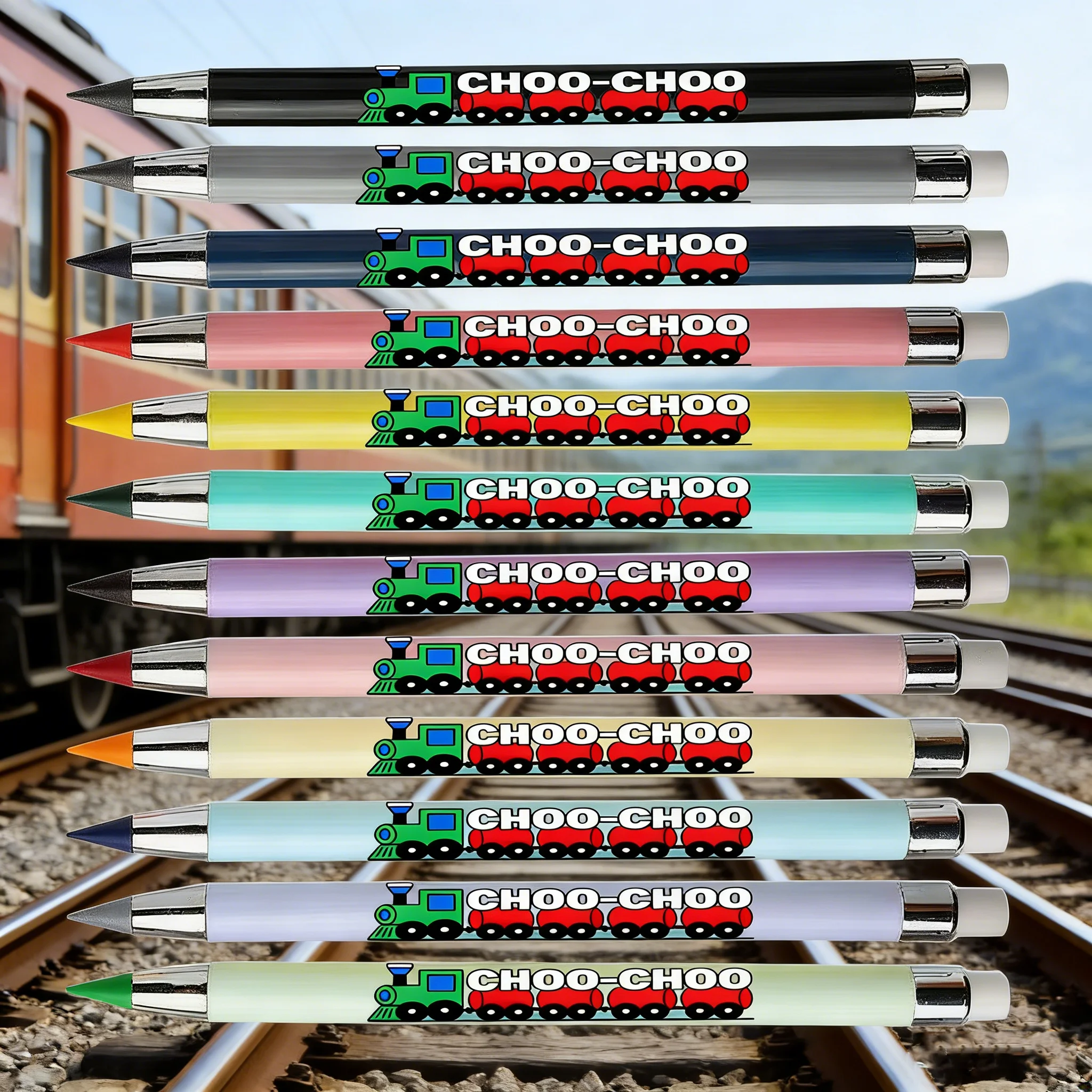 

12pcs small train text pattern eternal colored pencil is not easy to break pencil student stationery colored lead