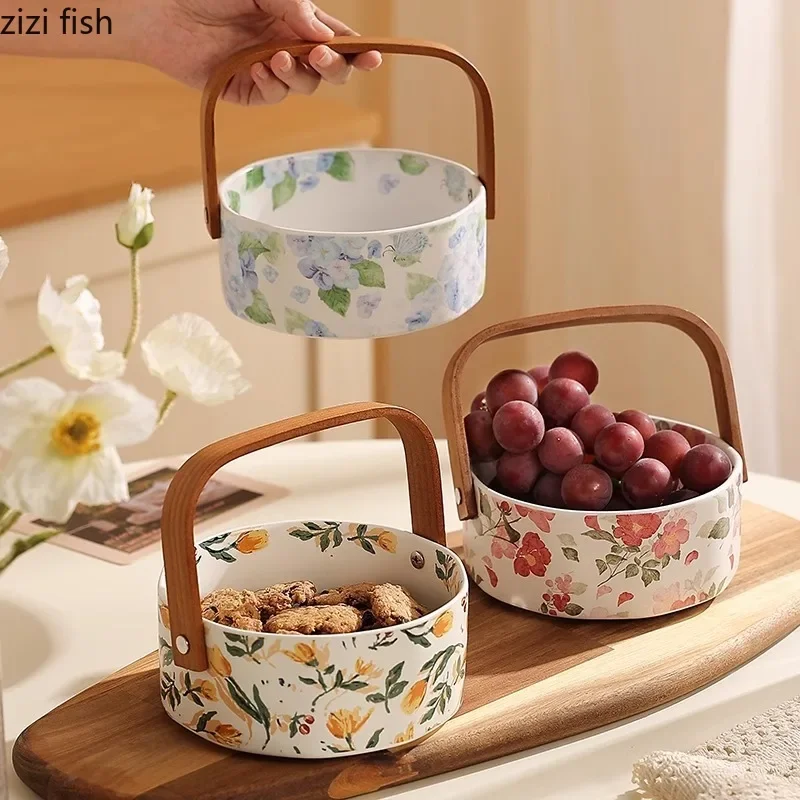 Flower Patterned Ceramic Plate Hand-held Fruit Basket Dried Fruit Plate Octagonal Dessert Plate Snack Plates Steak Plates