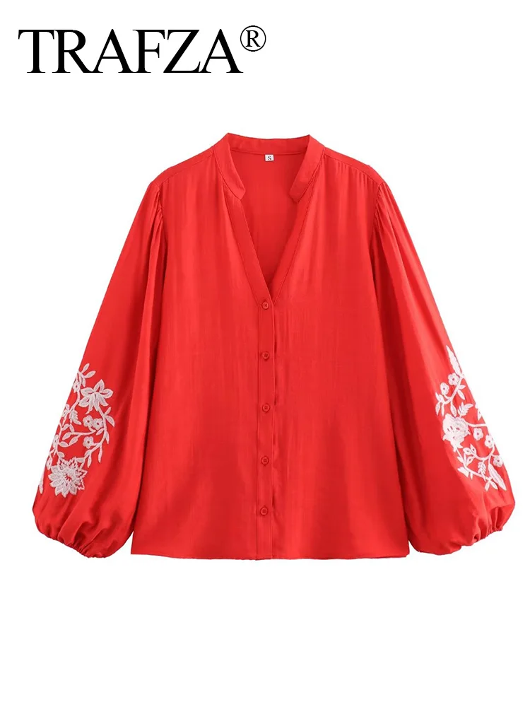 TRAFZA 2024 New Women Red Shirt Fashion Embroidery V Neck Long Sleeve Short Tops Casual Loose Blouse Mujer Roupas