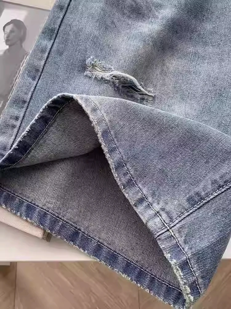S-4XL Holes Women Short Denim Pants 2025 New High Waist Summer Wide Leg Pants Zipper Fly Casual Female Jeans Shorts