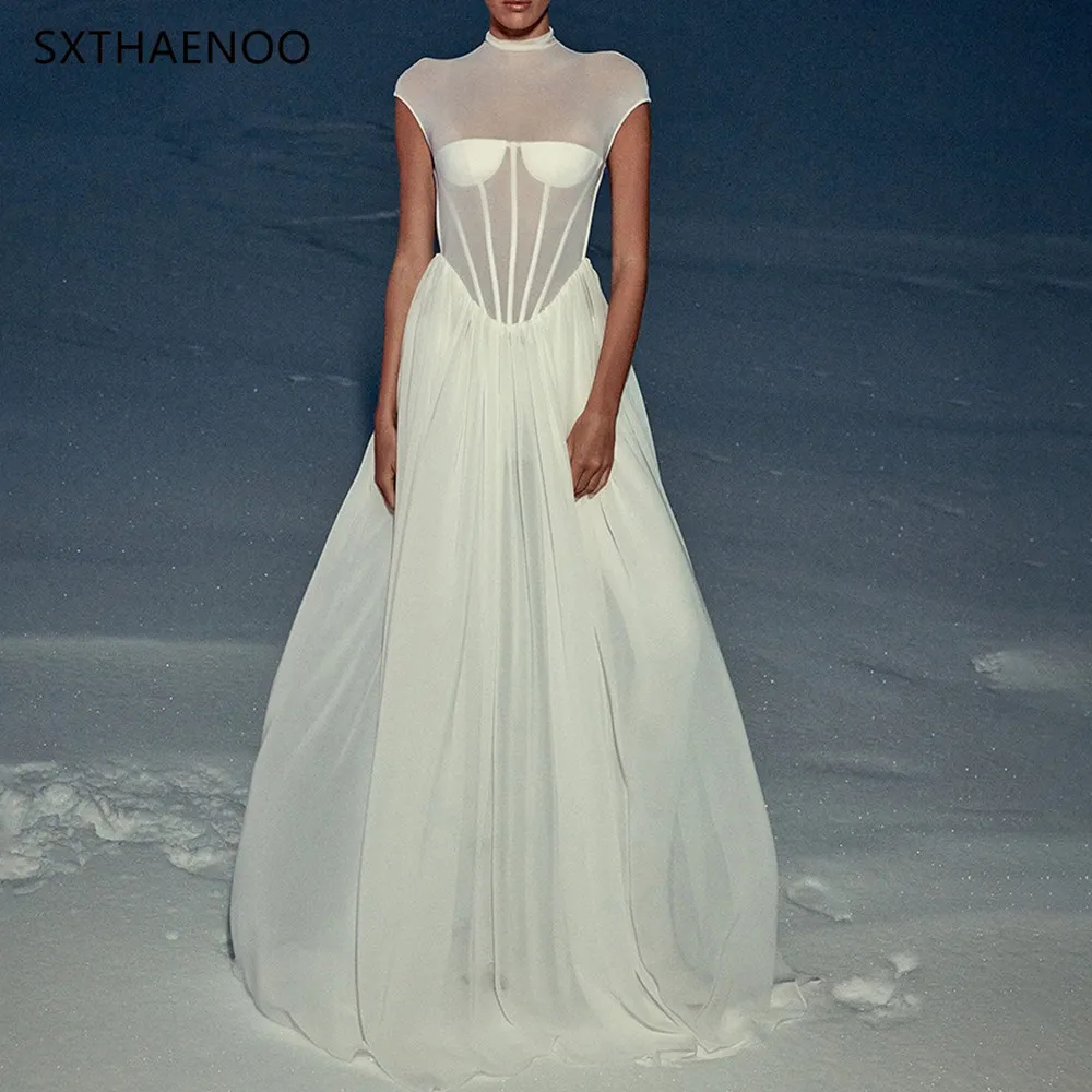 SXTHAENOO Romantico etereo Collo alto Ispirato da sposa Abito lungo bianco trasparente Abito da sera per festa di nozze Abiti 2025