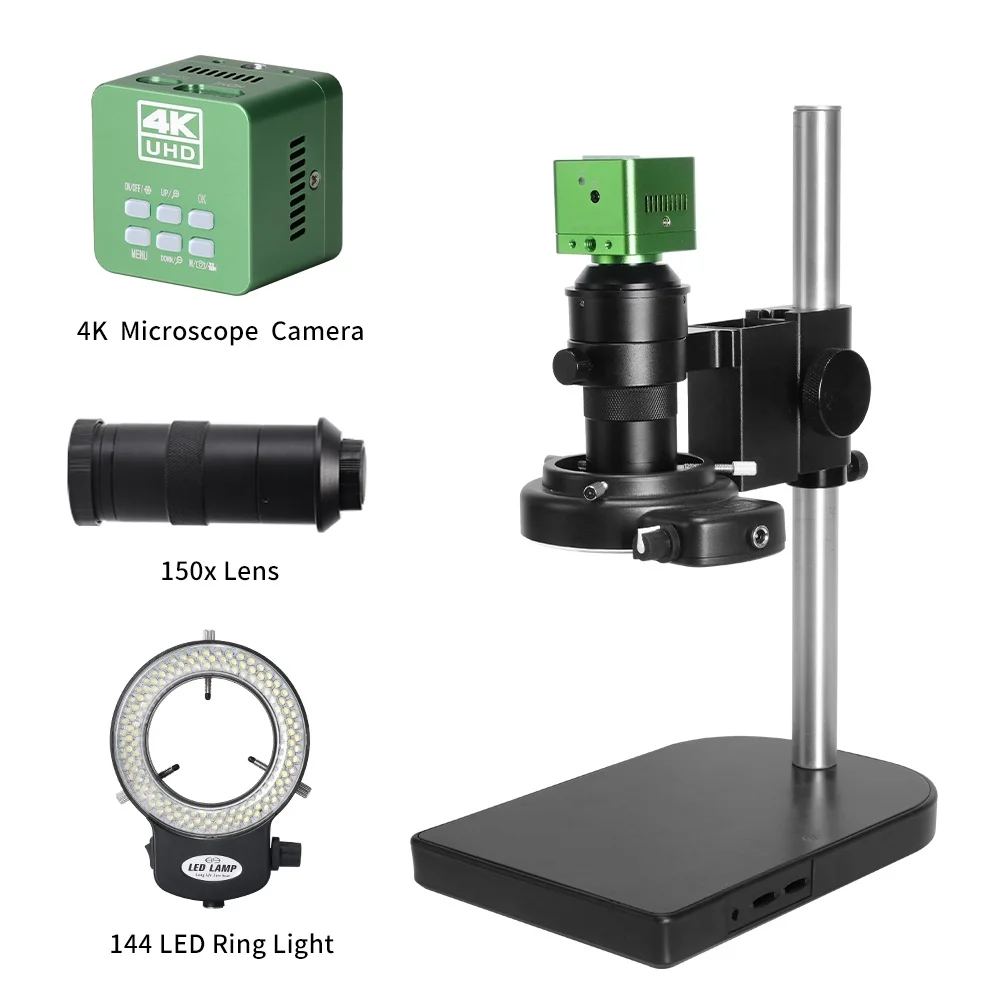 4K Digital Video Microscope Camera Adjustable 150X C Mount Len Zoom Stand 144 led ring lamp microscope for mobile repair