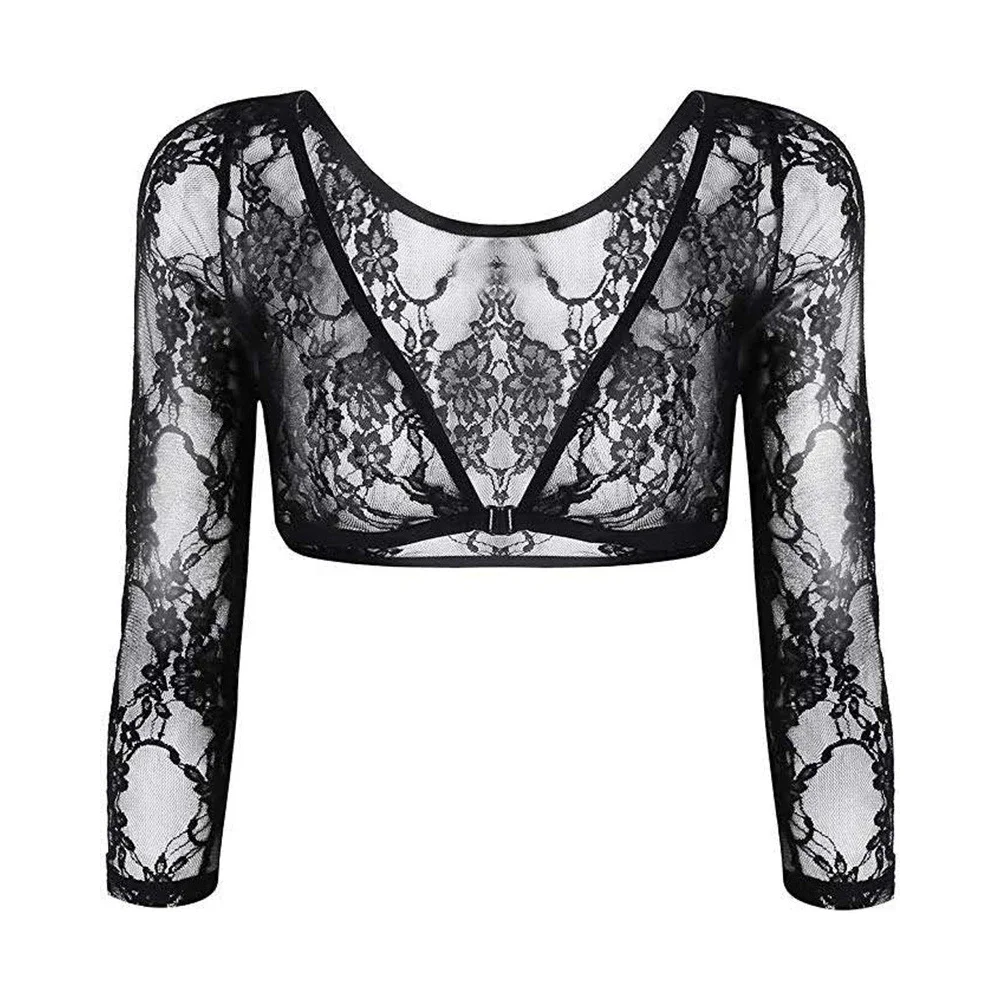 

Popular Women Mesh Lace See Through Crop Tops Sheer Seamless Female Smooth Shaper Shirt Shrugs Perspective