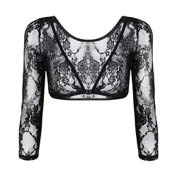 Popular Women Mesh Lace See Through Crop Tops Sheer Seamless Female Smooth Shaper Shirt Shrugs Perspective