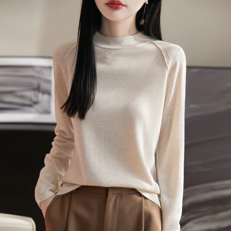 

Spring Autumn Women's Mock Neck Sweater Lyocell Mulberry Silk Wool Knitted Soft Pullovers Basic Soft Sweaters For Women 2025 Top