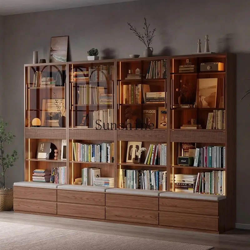 

Living room solid wood bookcase integrated whole wall combination full wall with glass door display storage
