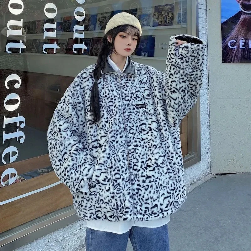 Autumn Pu Leopard Print Jacket Women Winter Fashion Two Sides Stand Collar Warm Outwear Y2K Loose Streetwear Korean Coats