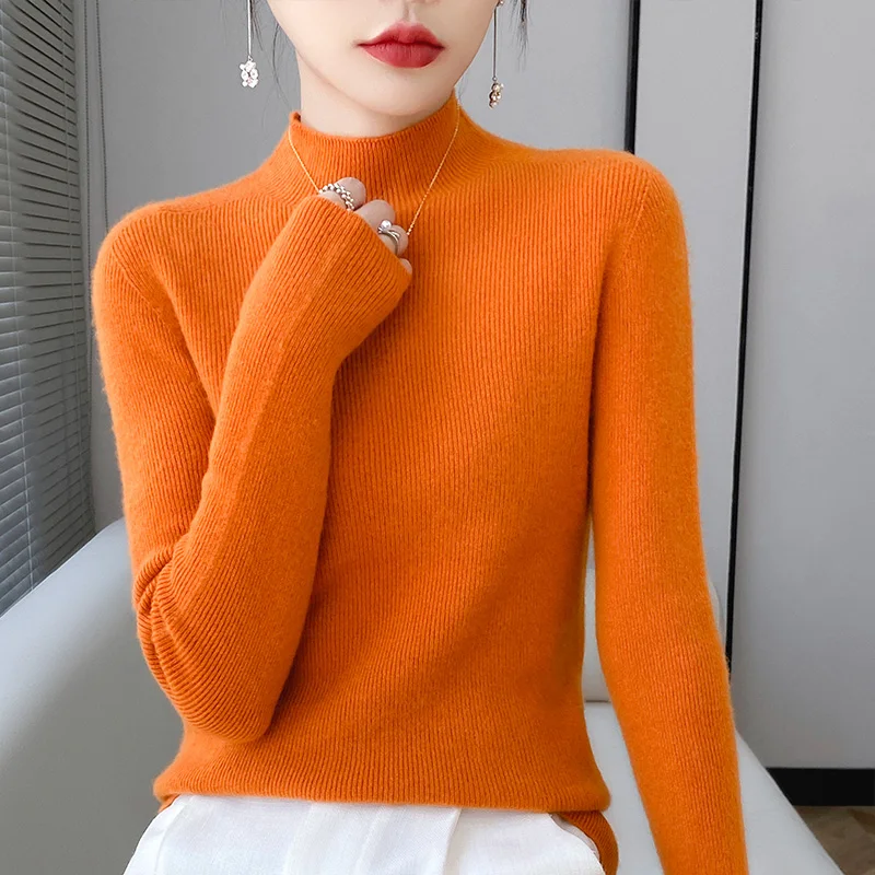 Women\'s Clothing Autumn Winter 100% Wool Sweater Half high Knitted Pullover Slim Fit Drawstring slimming Tops Long Sleeve