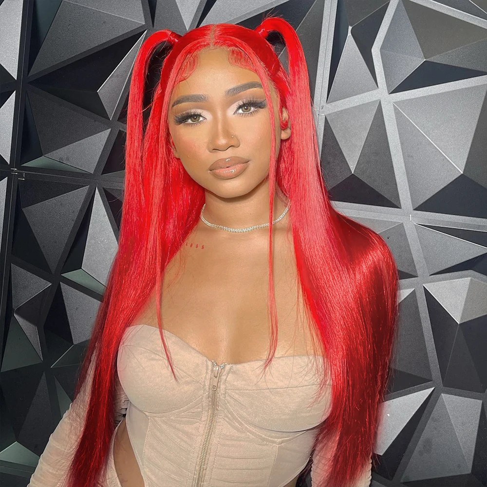 36 بوصة العظام مستقيم الساخن الأحمر الدانتيل أمامي خصلات الشعر المستعار الإنسان قبل نتف البرازيلي بورجوندي 13x4 13x6 الدانتيل شعر مستعار أمامي للنساء