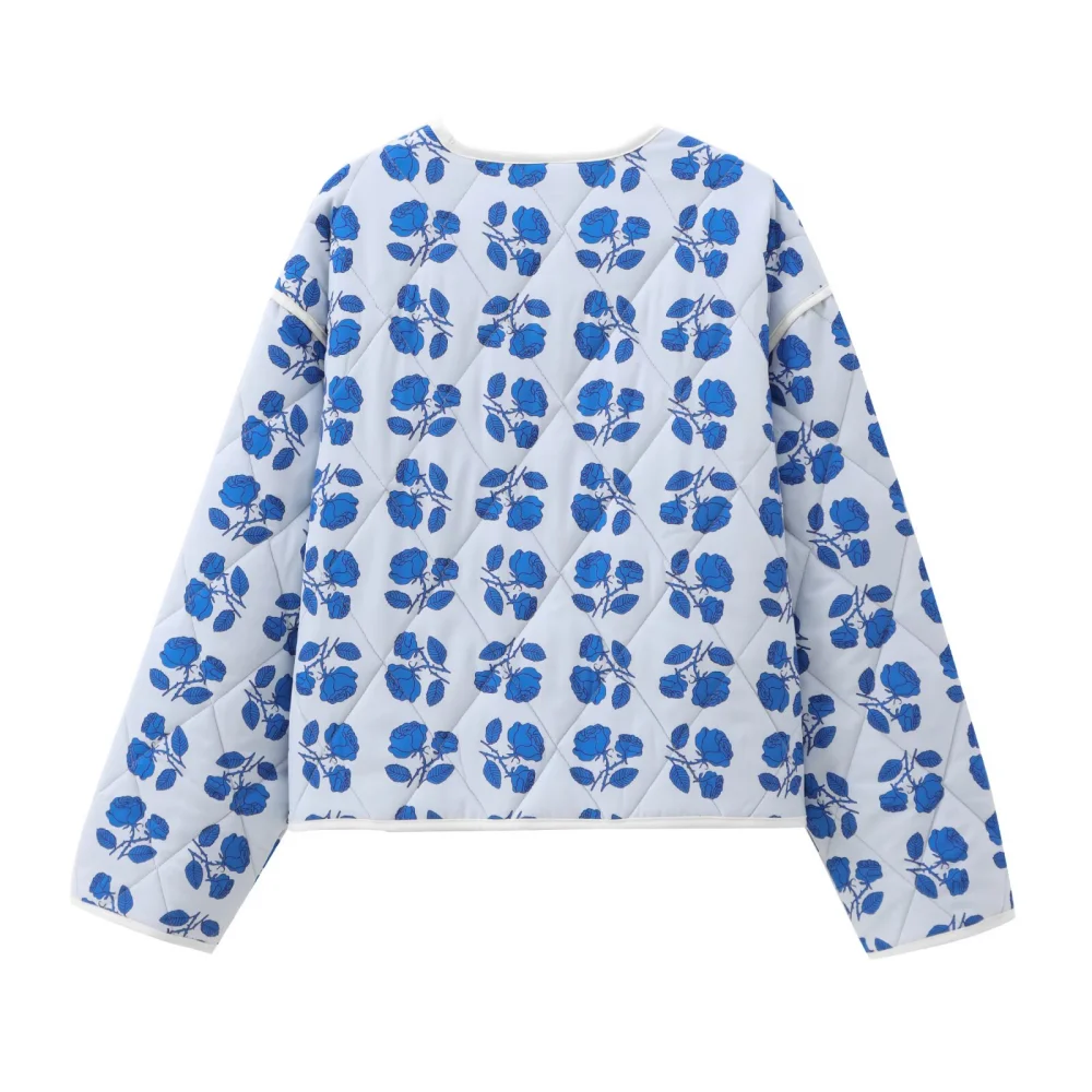 Lose Damenjacke mit Rundhalsausschnitt, langen Ärmeln, Knopftaschen, bedruckte neue warme Herbst- und Winterjacke