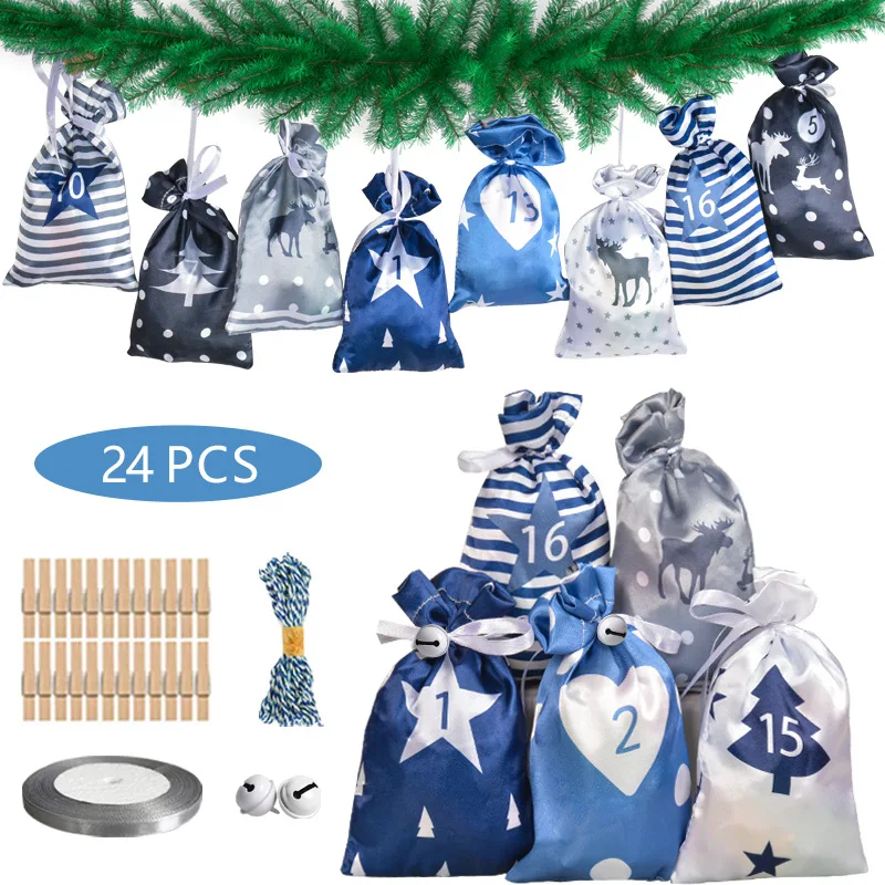 2024 Christmas Decoration Advent Calendar 24pcs Gift Bags Kerst Decoratie DIY Paper Stickers Wooden Ornament Xmas Navidad