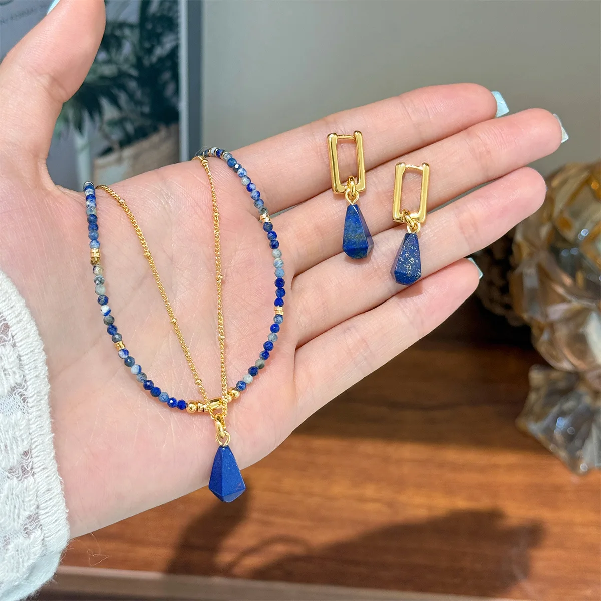 

Ins Retro Elegant Natural Lapis Lazuli Stone Women Necklace Earring Stackable Gemstone Necklace Female Summer Jewelry Gifts