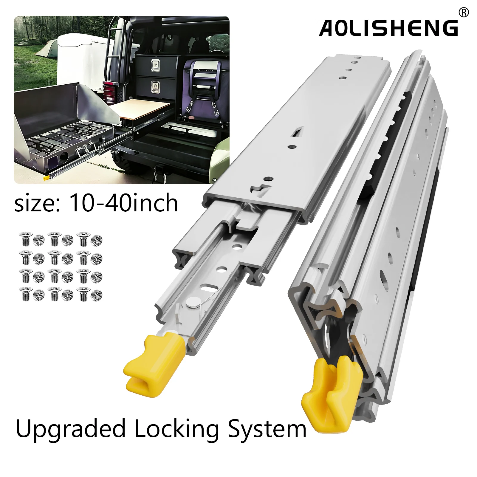AOLISHENG 76mm With Lock Heavy Duty Drawer Slides 12-40 Inch Side Mount Ball Bearing Full Extension For Tool Cabinet Load 220kg