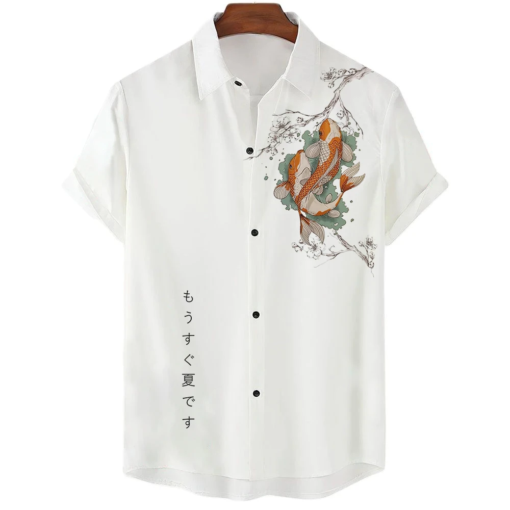 Camisa hawaiana para hombre, camisas con estampado 3D de peces Koi japoneses, Tops de playa callejera de moda de verano, ropa Unisex de gran tamaño