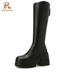 PRXDONG Women's Stretch Boots 2024 New Autumn WInter Warm Knee High Boots Chunky High Heels Platform Black Beige Zipper Shoes 39