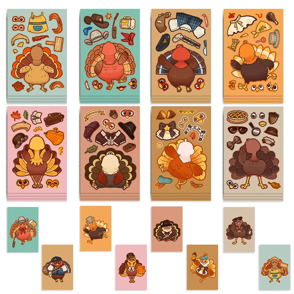 8/16/24pcs Thanksgiving Turkey Cartoon Stickers Children DIY Stickers Cute Make A Face For Kids Assemble Puzzles Party Toys﻿