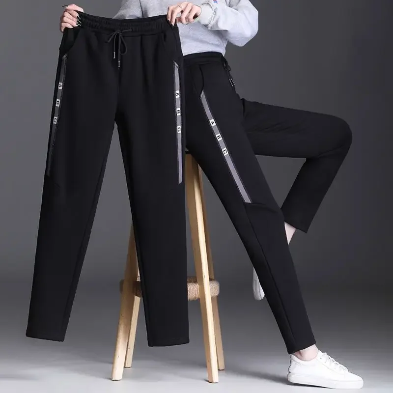 

Women Black Sports Pants Korean Spring Autumn New Drawstring Elastic High Waist Version Casual Loose Straight Trousers Z697