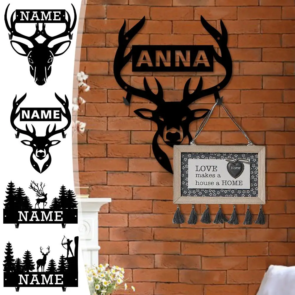 Personalized Metal Deer Hook Holder Metal Sign Custom Elk Wall Birthday Animal Antler Name Gift Forest Deer Decor Hanging Y4C7